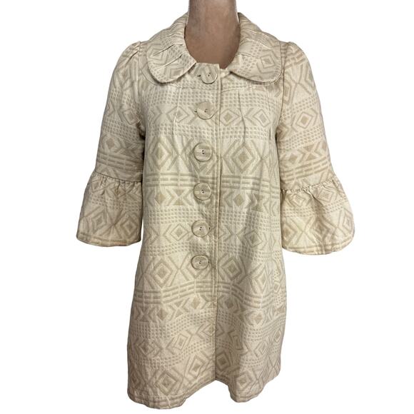 Ryu Anthropologie Mid Length Jacket Sz Sm Puff Sleeve Neutral Aztec Coat‎ Boho - Picture 1 of 9